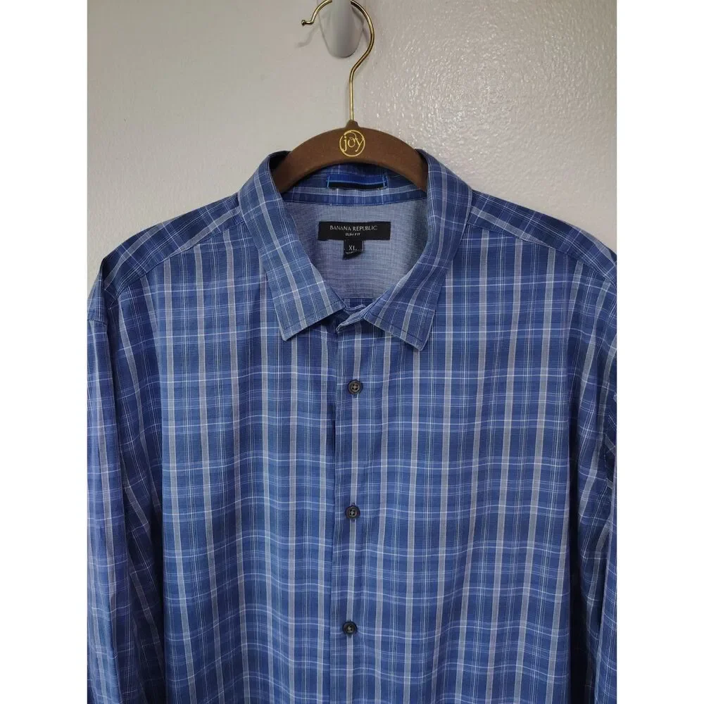 Banana Republic Slim Fit Blue Plaid Stretch Button Down Shirt Men's XL